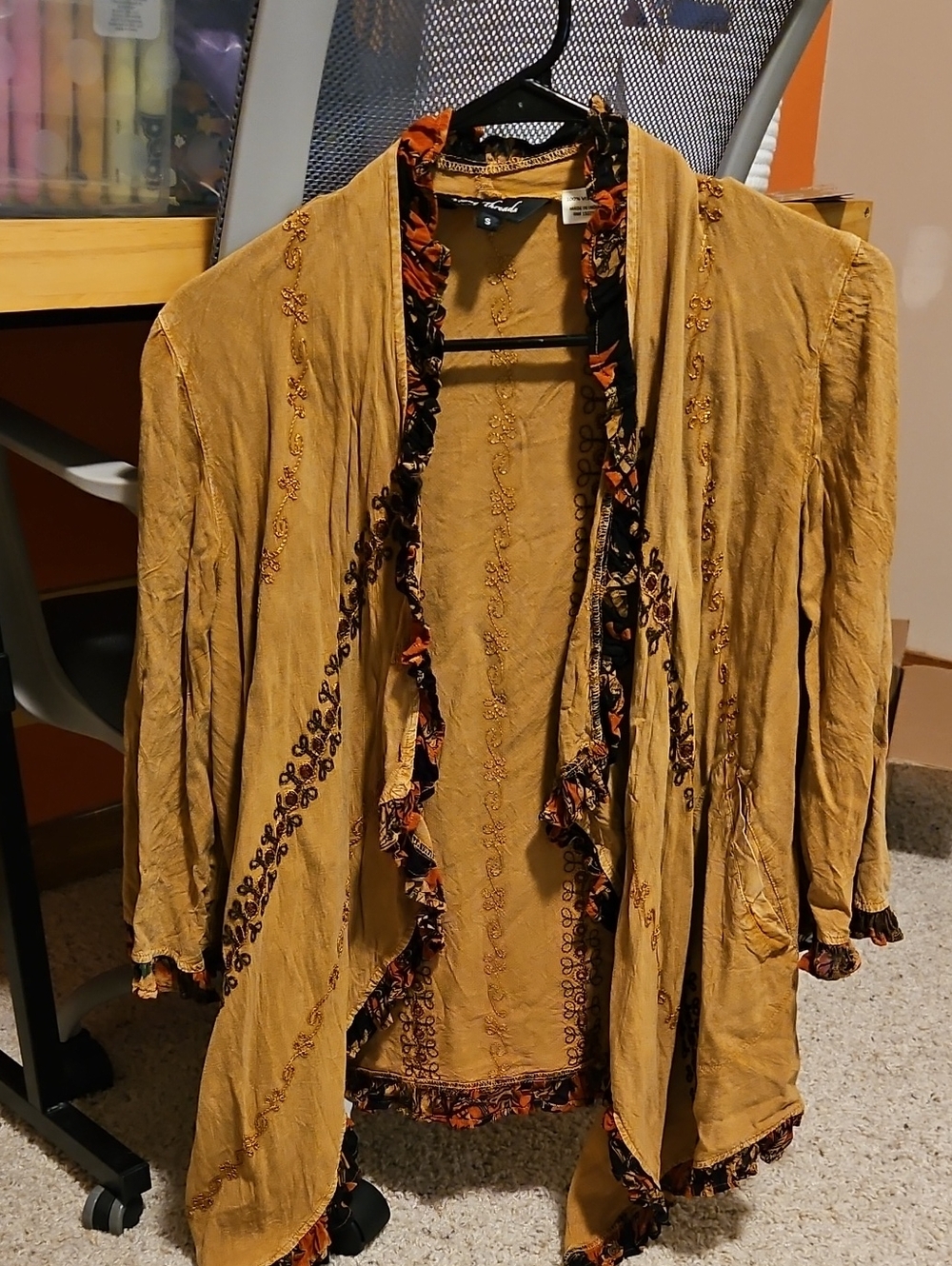 Young Threads Mustard Yellow Cardigan with Black & Rust Floral Trim